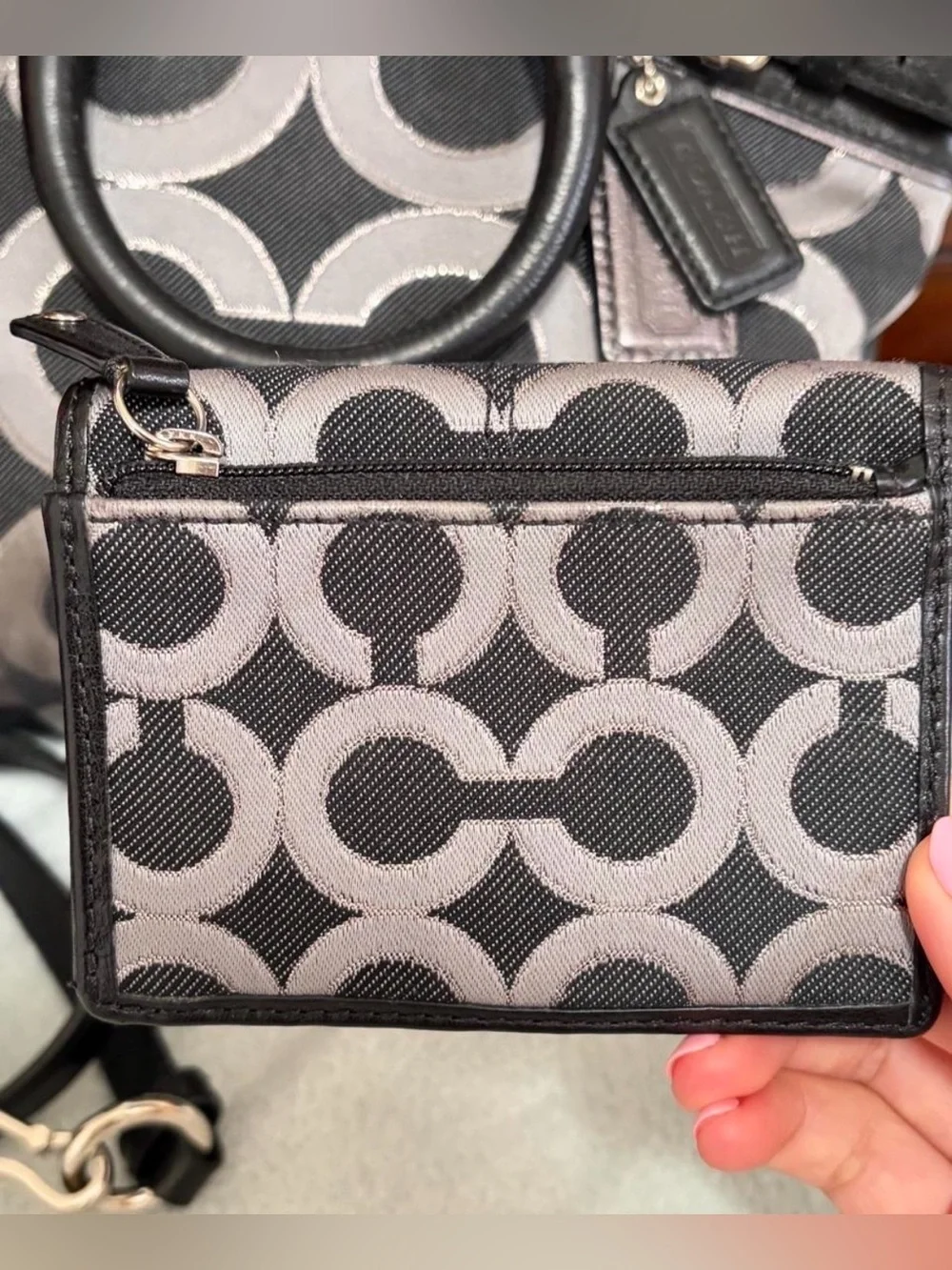 Coach Signature Op Art Satchel Bag with Matching Wallet Black Silver